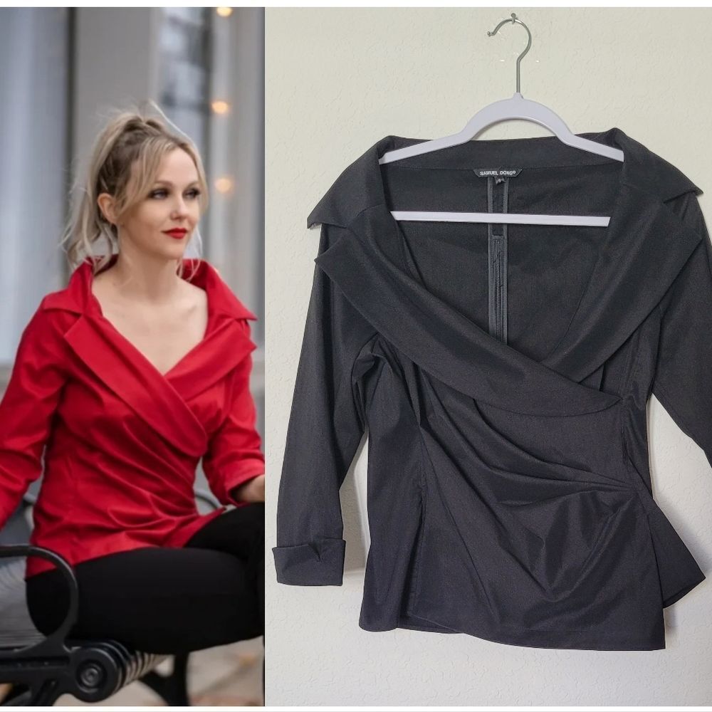 Samuel Dong Elegant Black Wrap Blouse Sz S